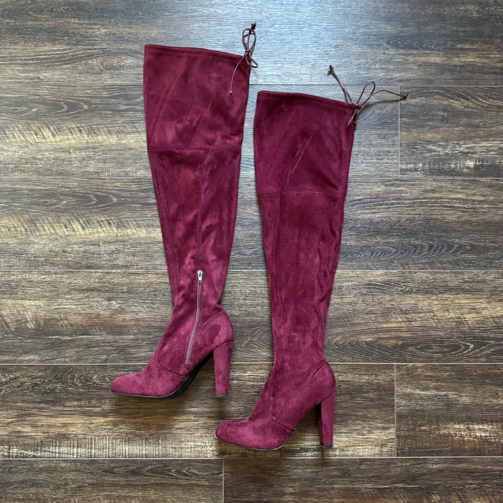 Burgundy Over-the-Knee Suede Boots Size 8 | Lace Back Heeled Tall Boots